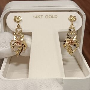 14k Gold Earrings Floral 2-Tone Dangles Solid real 14kt
